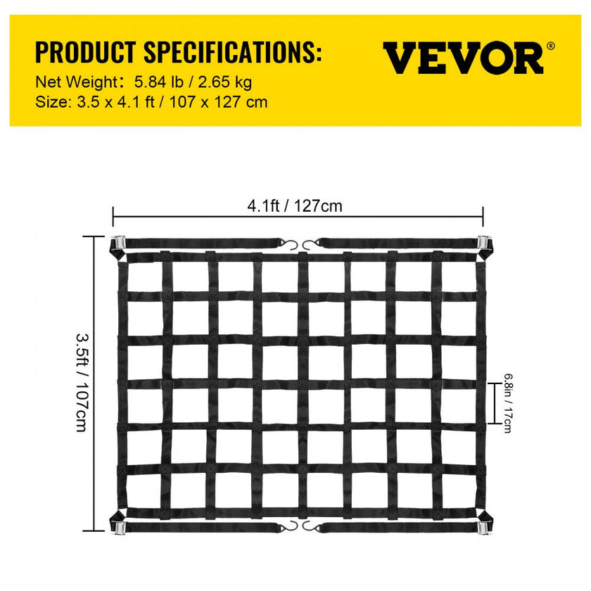 VEVOR 3.5'x 4.1' Cargo Net with S-Hooks, Truck Bed Cargo Net Heavy Duty Cargo Nets Capacity 1100LBS for Pickup Trucks (42