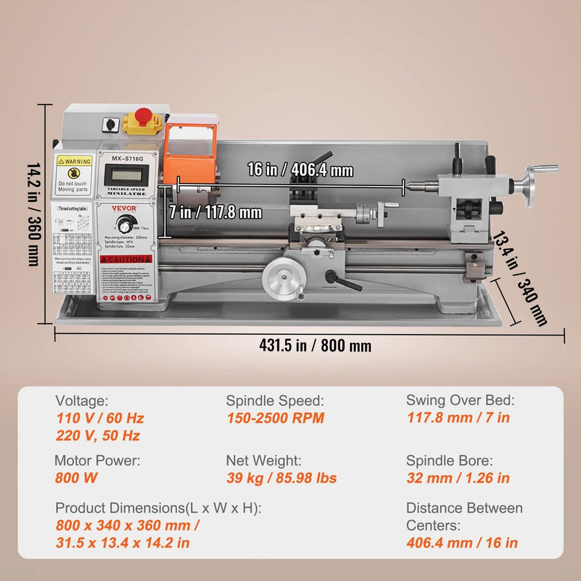 VEVOR Mini Metal Lathe Machine, 7'' x 16'', 800W Precision Benchtop Power Metal Lathe, 150-2500 RPM Continuously Variable Speed, with 3.9'' 3-jaw Metal Chuck Tool Box for Processing Precision Parts