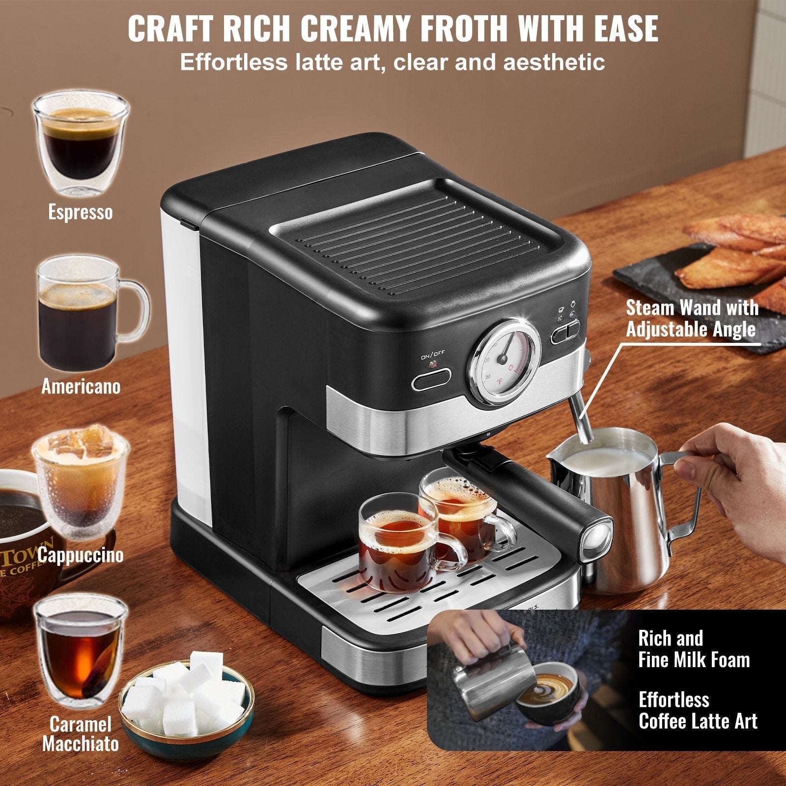 VEVOR Espresso Machine, 15 Bar Semi Automatic Espresso Maker with Milk Frother Steam Wand for Latte and Cappuccino, Professional Coffee Maker with Temp Gauge & Removable Water Tank, NTC Control System