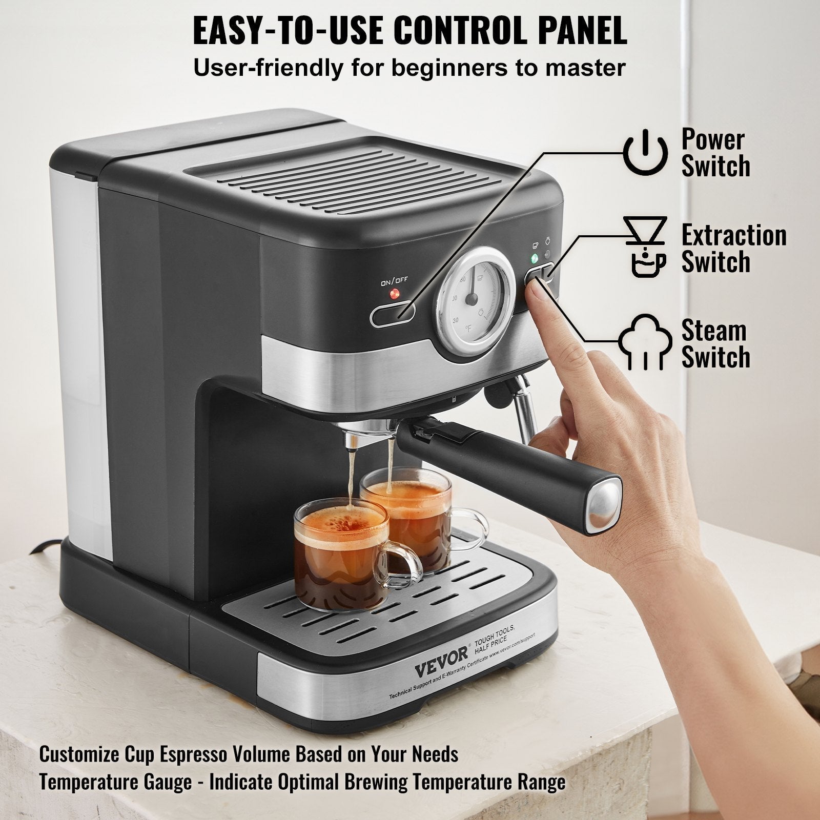 VEVOR Espresso Machine, 15 Bar Semi Automatic Espresso Maker with Milk Frother Steam Wand for Latte and Cappuccino, Professional Coffee Maker with Temp Gauge & Removable Water Tank, NTC Control System