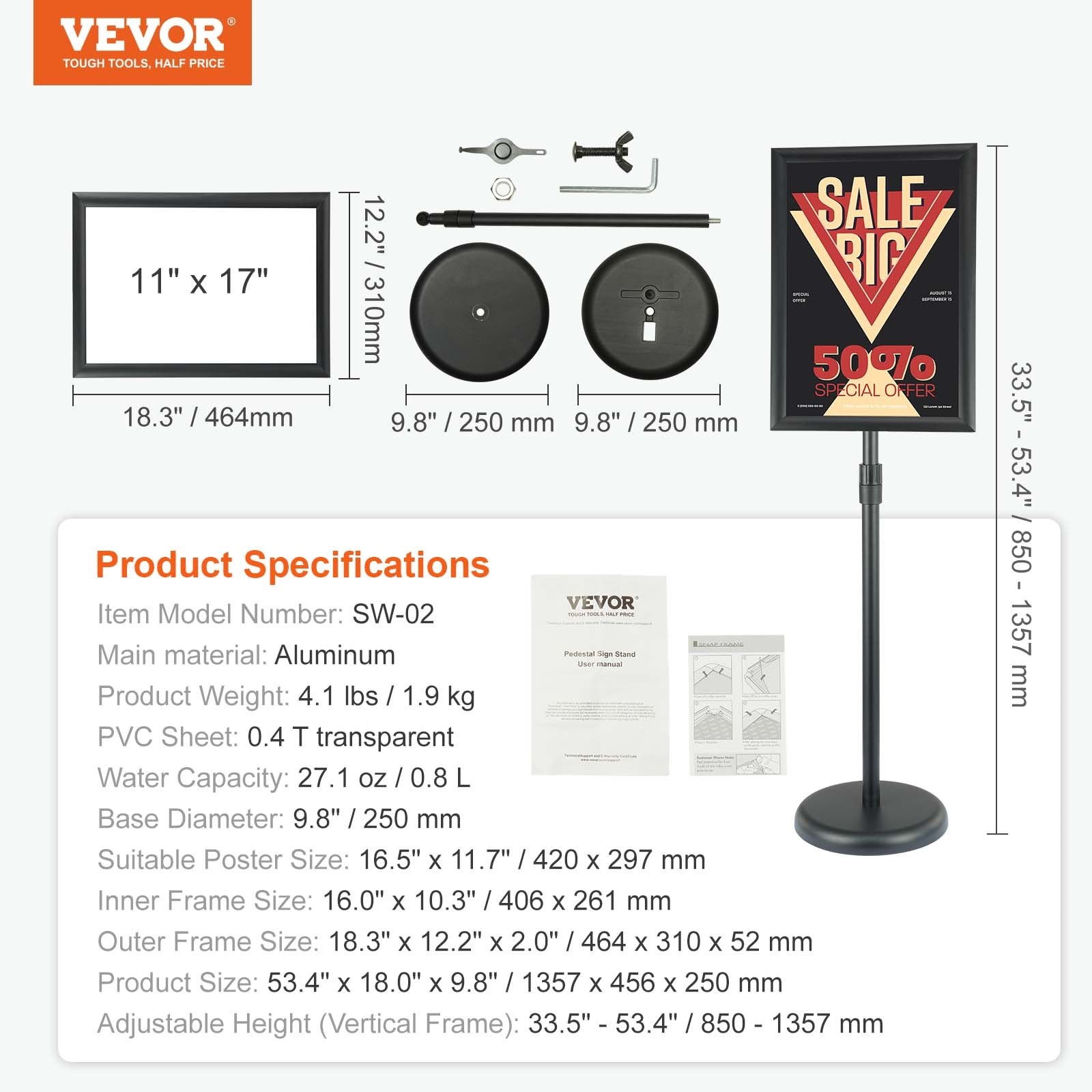 VEVOR Pedestal Sign Holder, 11 x 17 Inch Vertical and Horizontal Adjustable Poster Stand, Heavy-Duty Floor Standing Sign Holder with Round Base for Display, Advertisement, and Outdoor, Black