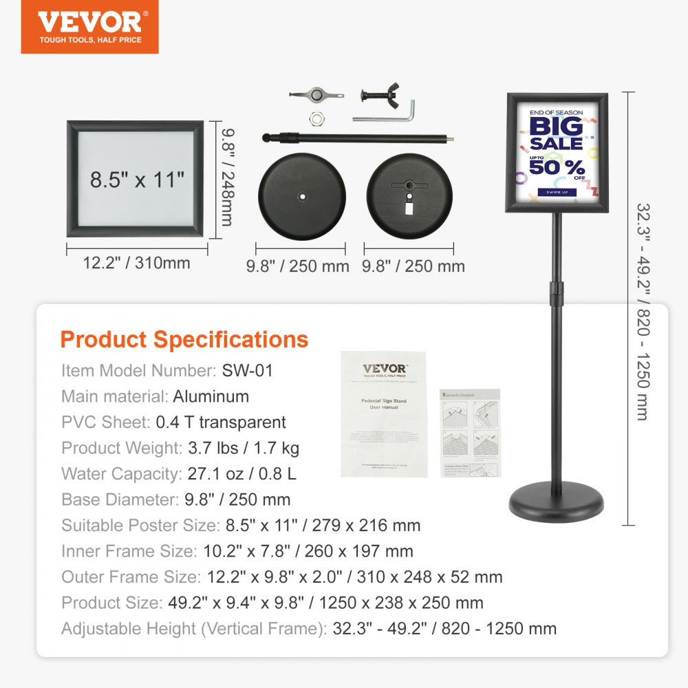 VEVOR Pedestal Sign Holder, 8.5 x 11 Inch Vertical and Horizontal Adjustable Poster Stand, Heavy-Duty Floor Standing Sign Holder with Round Base for Display, Advertisement, and Outdoor, Black