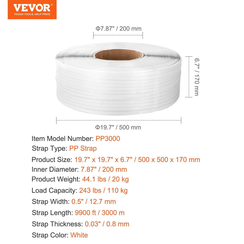 VEVOR Packaging PP Strapping Roll 1/2