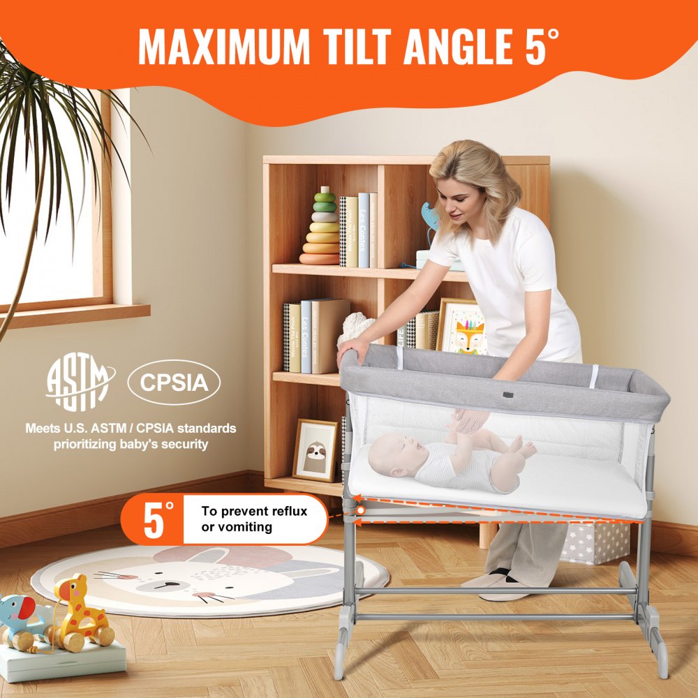 VEVOR Baby Bassinet, 5-Level Height Adjustable, Baby Bassinet Bedside Sleeper with Comfy Mattress and Wheels, Baby Cradle Bedside Crib with Mosquito Net and Side-Opening for Infant Newborn Girl Boy