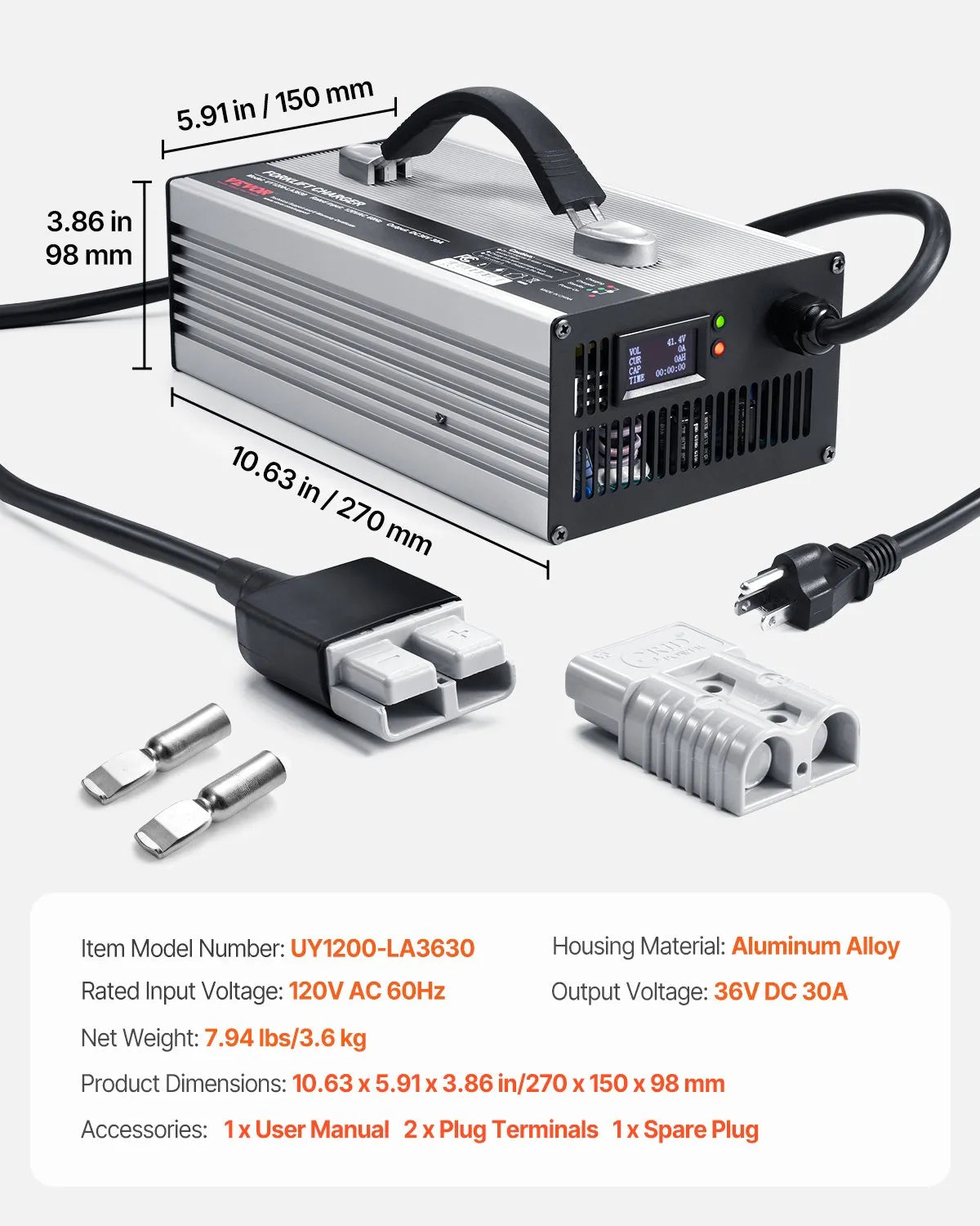 VEVOR Forklift Battery Charger Smart Automatic 36V 30A Fast Charger Portable