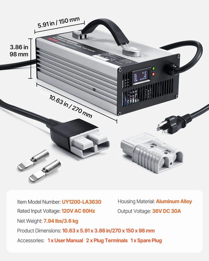 VEVOR Forklift Battery Charger Smart Automatic 36V 30A Fast Charger Portable