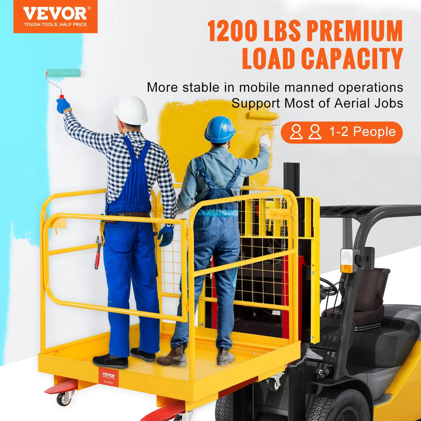 VEVOR Forklift Safety Cage, 1200 lbs Load Capacity, 36 x 36 inches Folding Forklift Work Platform with Lockable Swivel Wheels, Drain Hole & Device Chain, Holds 1 to 2 Adults, Perfect for Aerial Work
