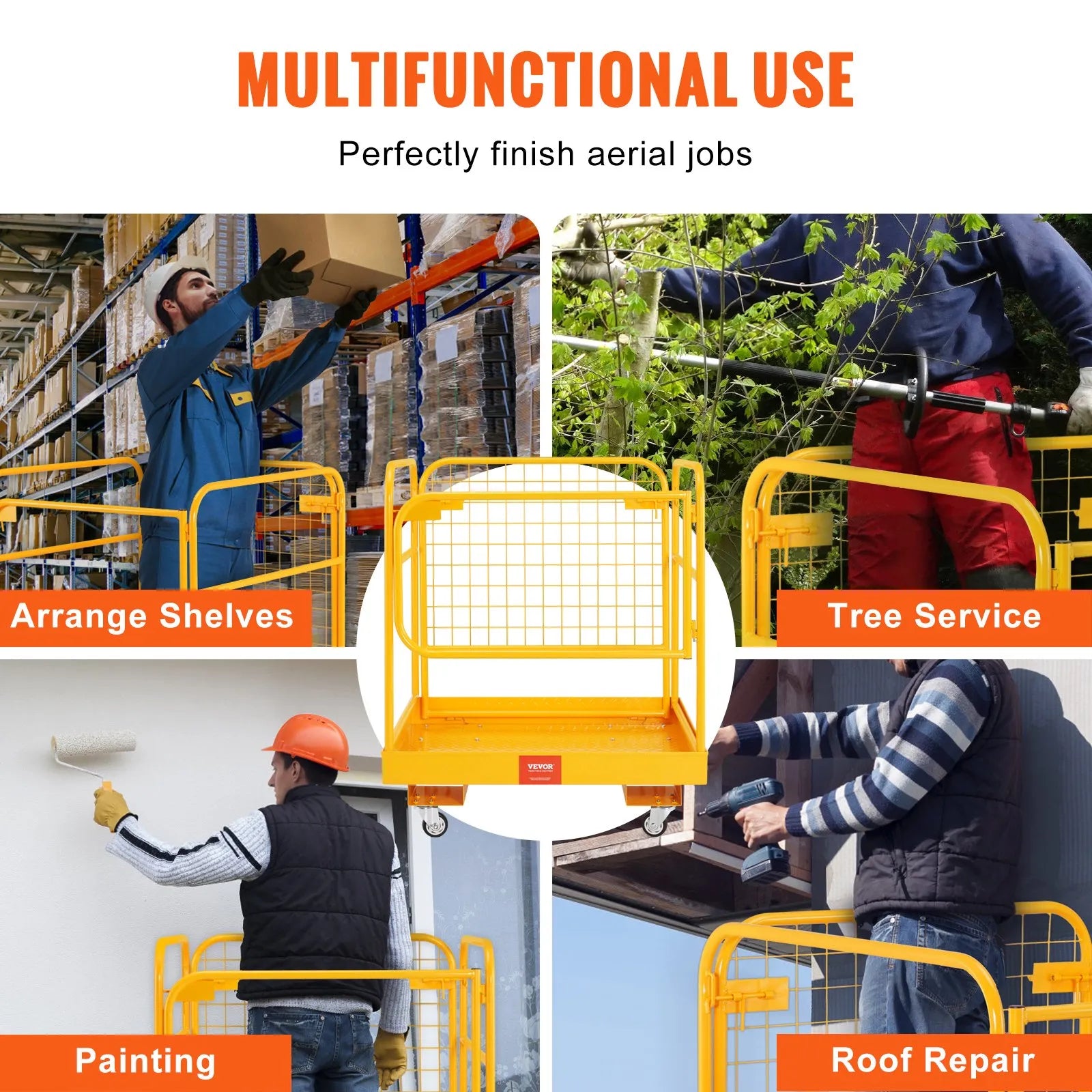 VEVOR Forklift Safety Cage, 1200 lbs Load Capacity, 36 x 36 inches Folding Forklift Work Platform with Lockable Swivel Wheels, Drain Hole & Device Chain, Holds 1 to 2 Adults, Perfect for Aerial Work