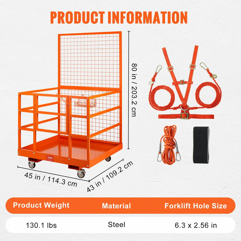 VEVOR Forklift Safety Cage Work Platform 43X45in 1400lbs w/ Wheels for Aerial