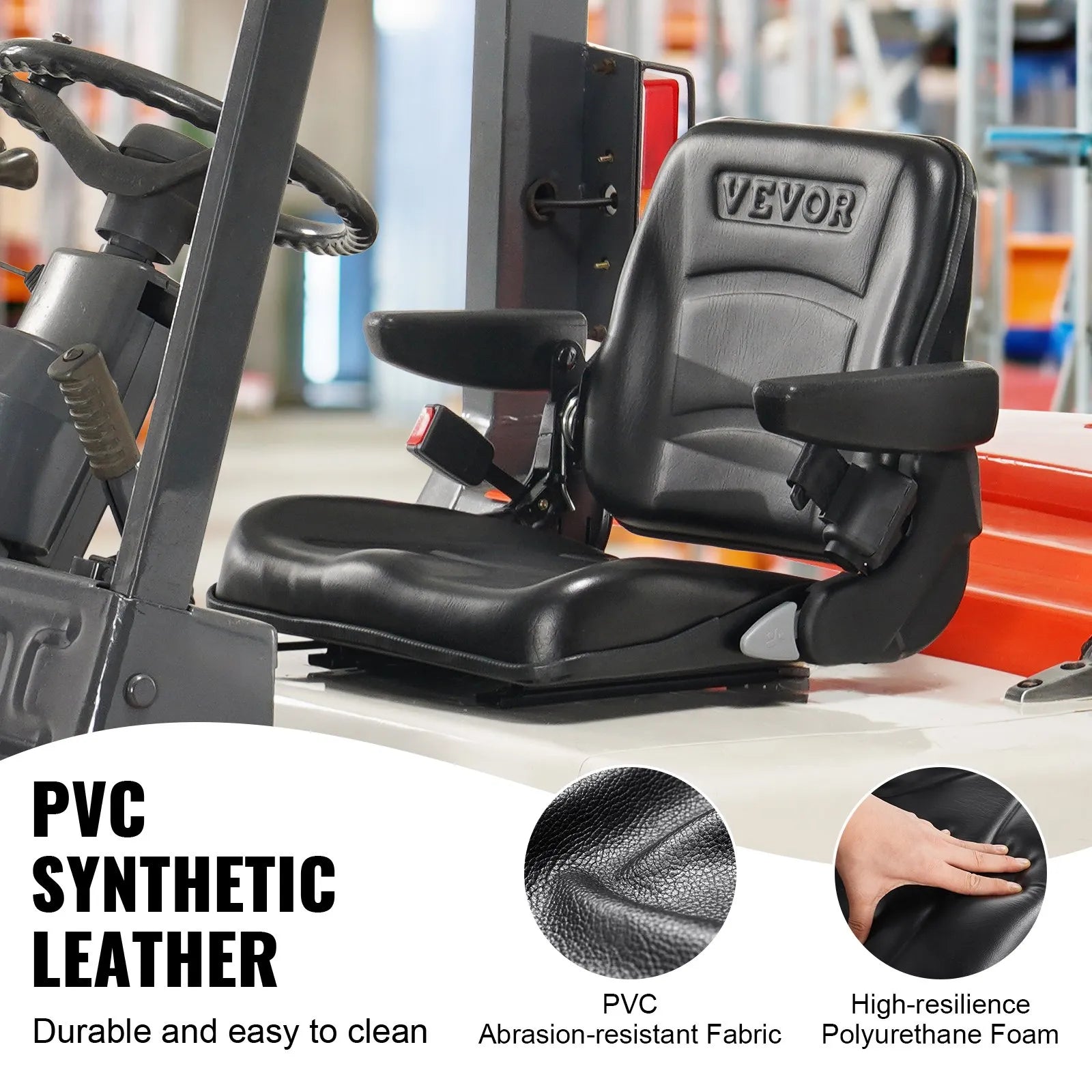 VEVOR Universal Forklift Seat, Fold Down Tractor Seat with Adjustable Angle Back, Micro Switch, Seatbelt and Armrests, 6.3-13.4 inch Slot Tractor Seat for Tractor Loader Excavator