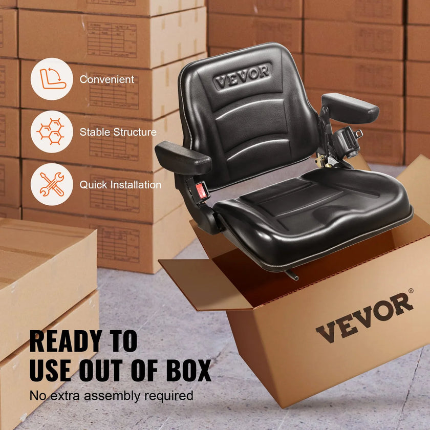 VEVOR Universal Forklift Seat, Fold Down Tractor Seat with Adjustable Angle Back, Micro Switch, Seatbelt and Armrests, 6.3-13.4 inch Slot Tractor Seat for Tractor Loader Excavator