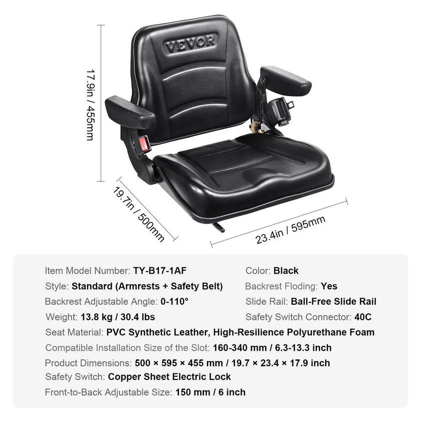VEVOR Universal Forklift Seat, Fold Down Tractor Seat with Adjustable Angle Back, Micro Switch, Seatbelt and Armrests, 6.3-13.4 inch Slot Tractor Seat for Tractor Loader Excavator
