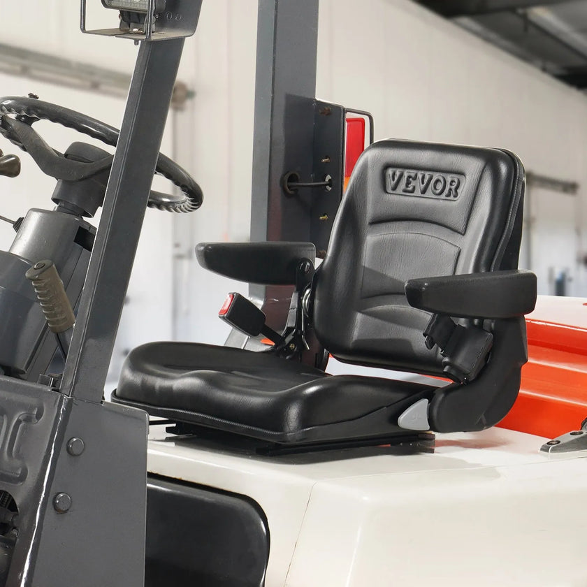 VEVOR Universal Forklift Seat, Fold Down Tractor Seat with Adjustable Angle Back, Micro Switch, Seatbelt and Armrests, 6.3-13.4 inch Slot Tractor Seat for Tractor Loader Excavator