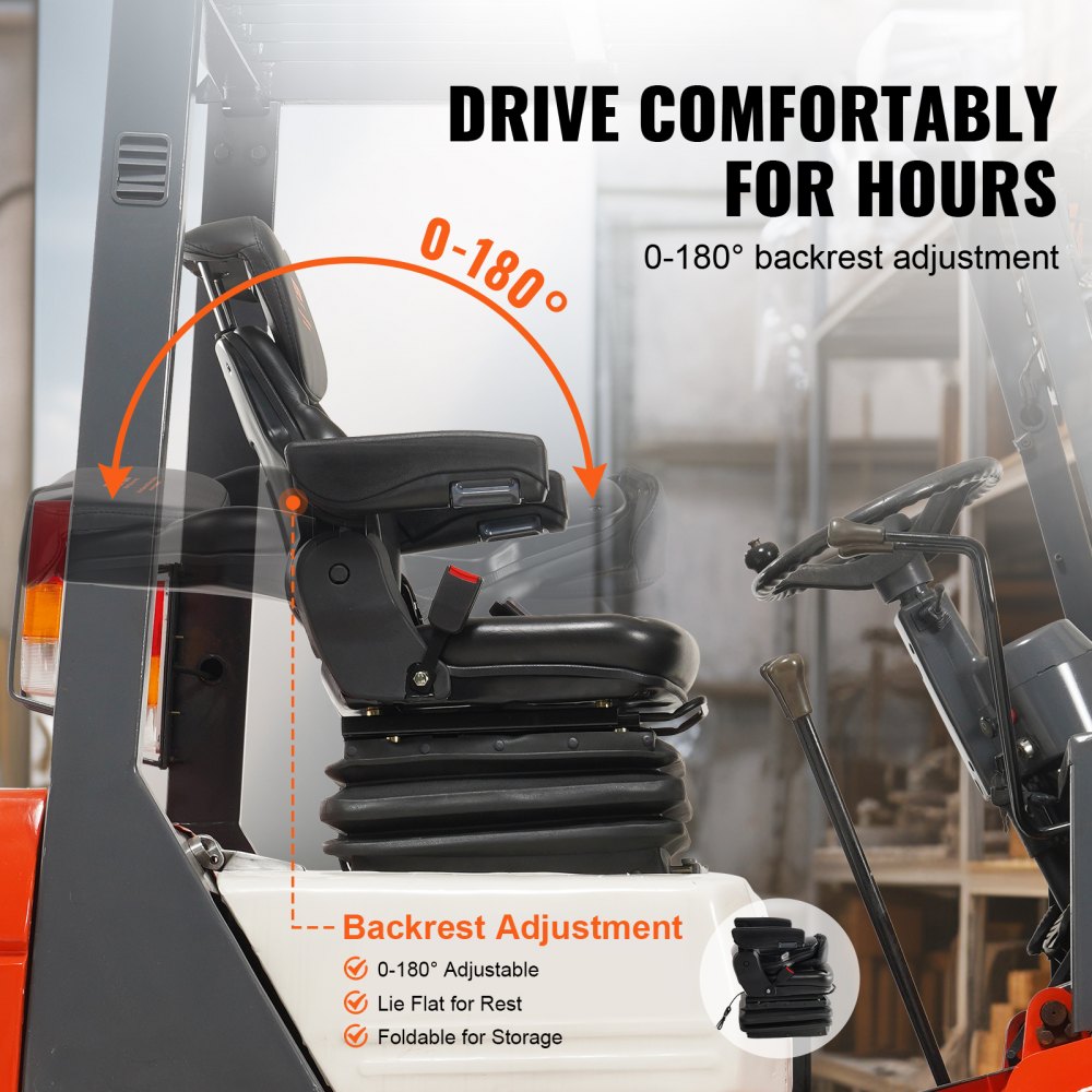 VEVOR Universal Tractor seat Suspension, Fold Down Forklift Seat with Adjustable Angle Back, Micro Switch, Seatbelt and Armrests, 3-level Shock Absorption Tractor Seat for Tractor Loader Excavator