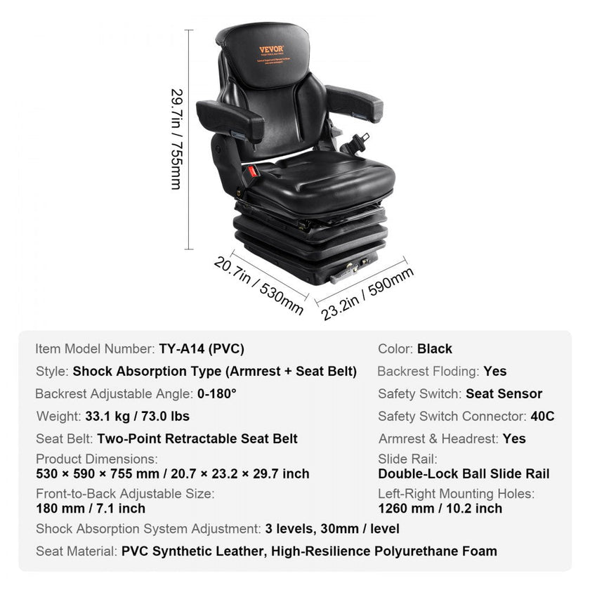 VEVOR Universal Tractor seat Suspension, Fold Down Forklift Seat with Adjustable Angle Back, Micro Switch, Seatbelt and Armrests, 3-level Shock Absorption Tractor Seat for Tractor Loader Excavator
