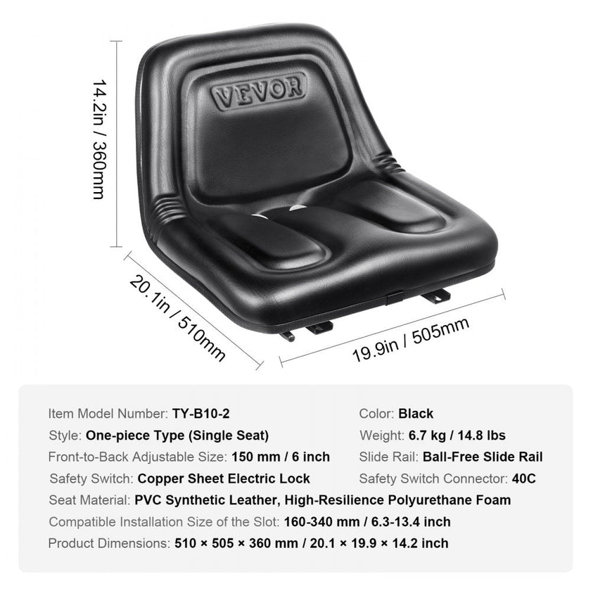 VEVOR Universal Tracor Seat, Lawn Mower Seat with Micro Switch and Drainage Holes, 6.3-13.4 inch Extended Slot Tractor Seat for Tractor Loader Excavator