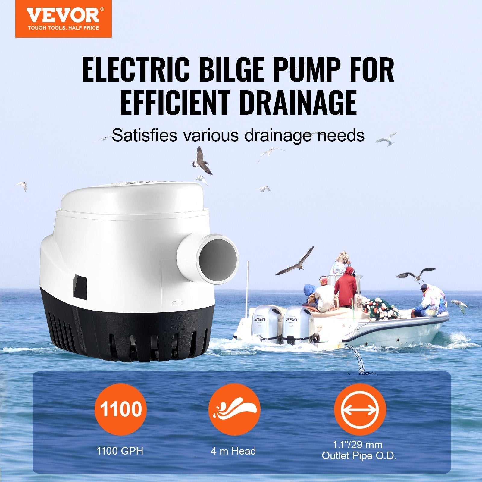 VEVOR Bilge Pump, 1100GPH 12V Automatic Submersible Boat Bilge Water Pump with Float Switch, 1.1