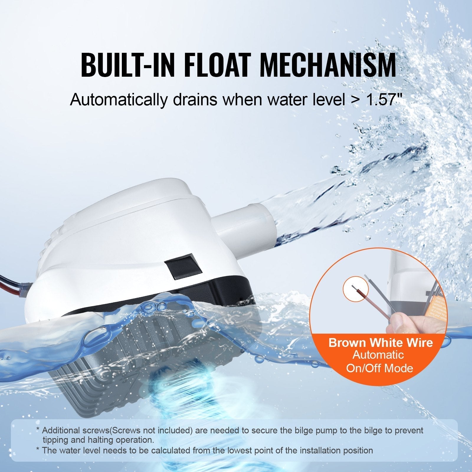 VEVOR Bilge Pump, 1100GPH 12V Automatic Submersible Boat Bilge Water Pump with Float Switch, 1.1