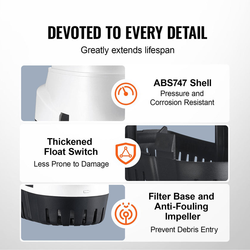 VEVOR Bilge Pump, 1100GPH 12V Automatic Submersible Boat Bilge Water Pump with Float Switch, 1.1