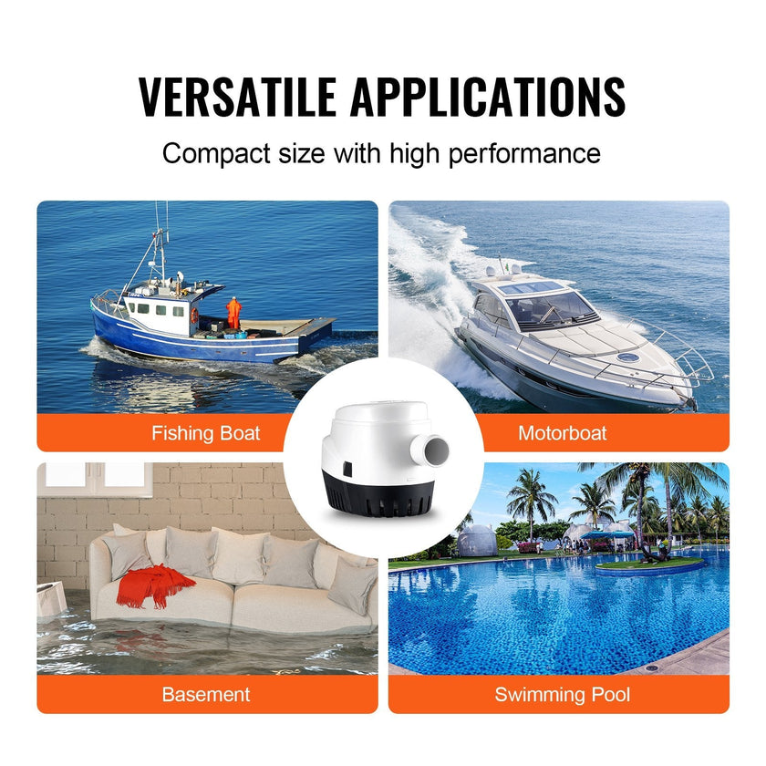 VEVOR Bilge Pump, 1100GPH 12V Automatic Submersible Boat Bilge Water Pump with Float Switch, 1.1