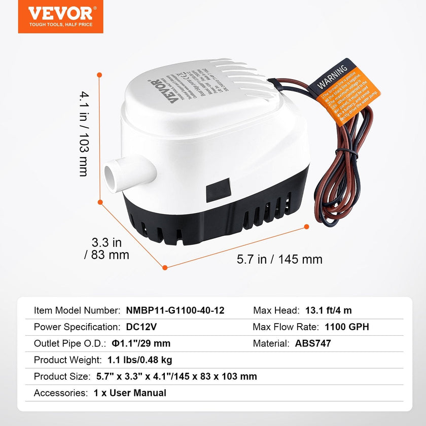 VEVOR Bilge Pump, 1100GPH 12V Automatic Submersible Boat Bilge Water Pump with Float Switch, 1.1