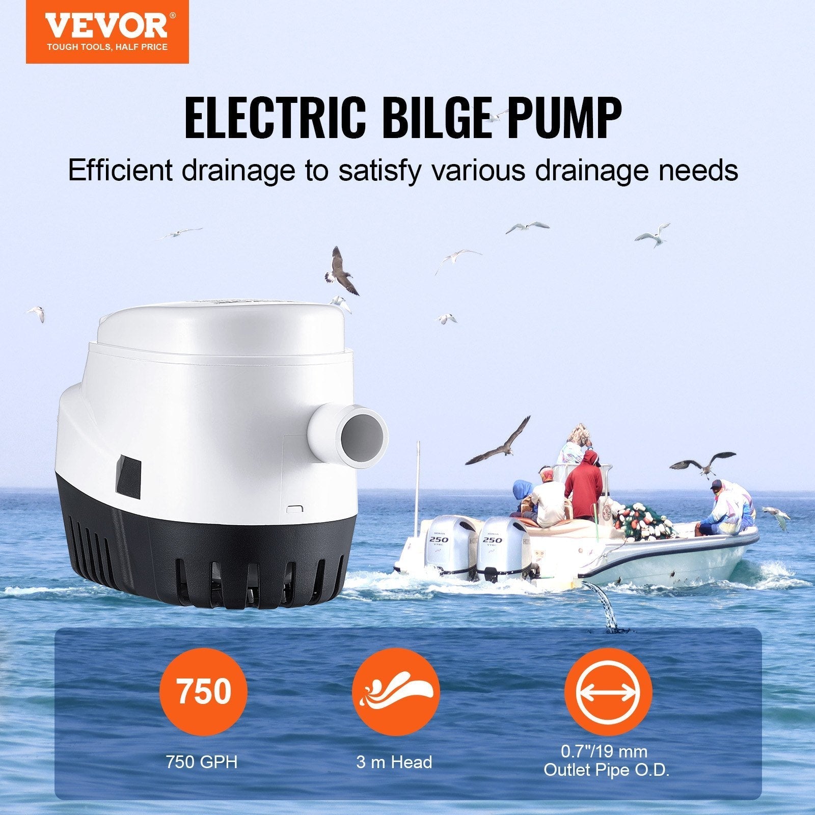 VEVOR Bilge Pump, 750GPH 12V Automatic Submersible Boat Bilge Water Pump with Float Switch, 0.7