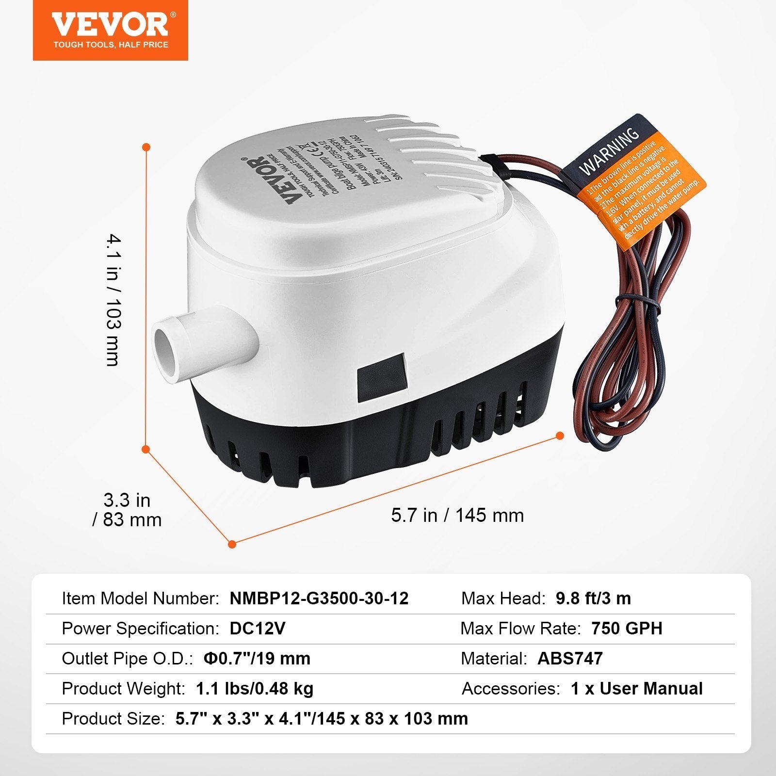 VEVOR Bilge Pump, 750GPH 12V Automatic Submersible Boat Bilge Water Pump with Float Switch, 0.7