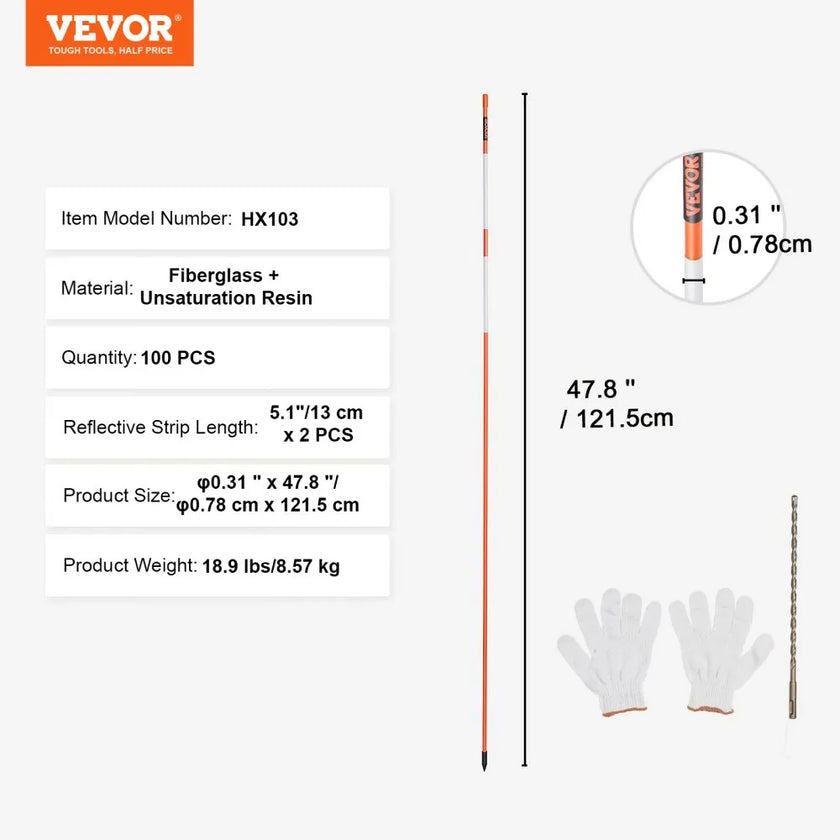 VEVOR Driveway Markers, 100PCS 48 inch, 0.31 inch Diameter, Orange Fiberglass Poles Snow Stakes with Reflective Tape, 12