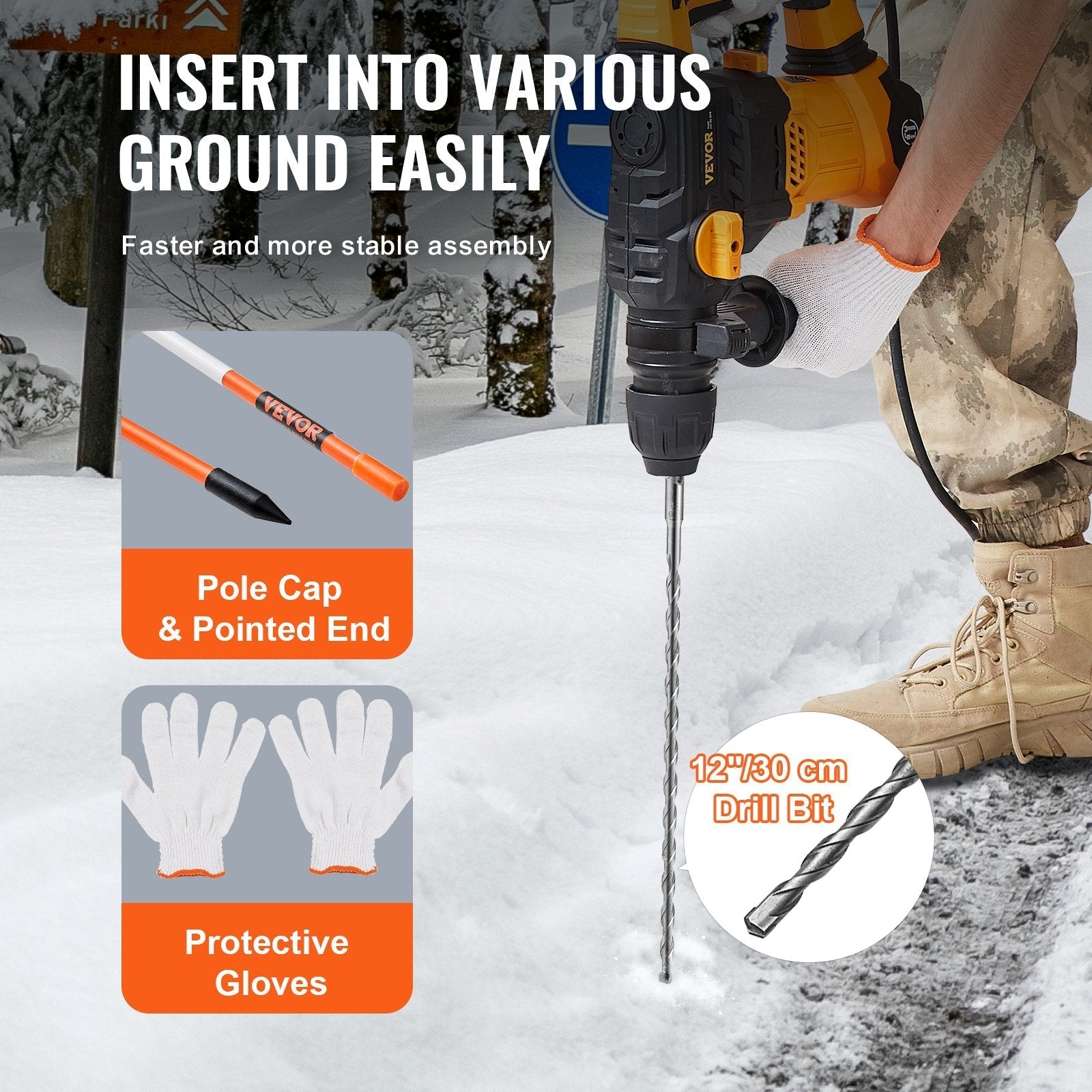 VEVOR Driveway Markers, 30 PCS 48 inch, 0.31 inch Diameter, Orange Fiberglass Poles Snow Stakes with Reflective Tape, 12