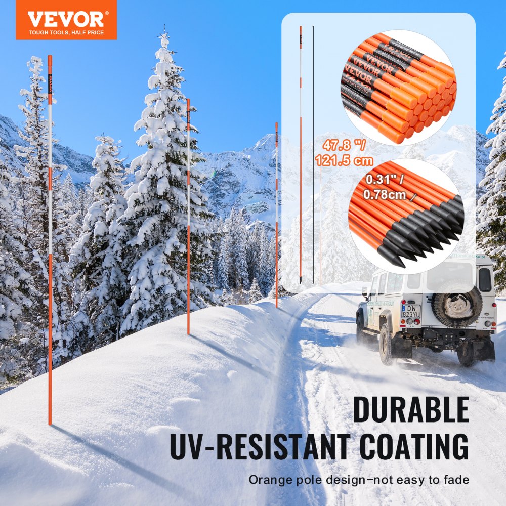 VEVOR Driveway Markers, 50 PCS 48 inch, 0.31 inch Diameter, Orange Fiberglass Poles Snow Stakes with Reflective Tape, 12