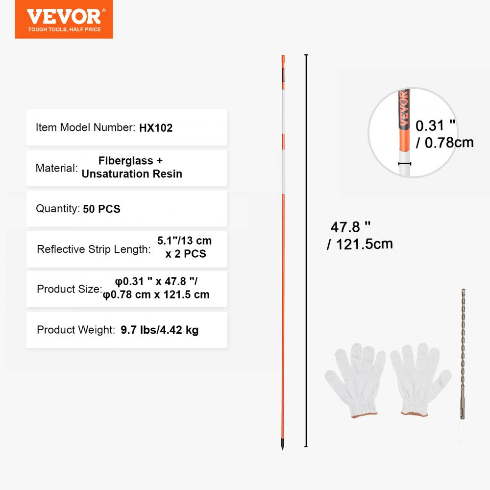 VEVOR Driveway Markers, 50 PCS 48 inch, 0.31 inch Diameter, Orange Fiberglass Poles Snow Stakes with Reflective Tape, 12