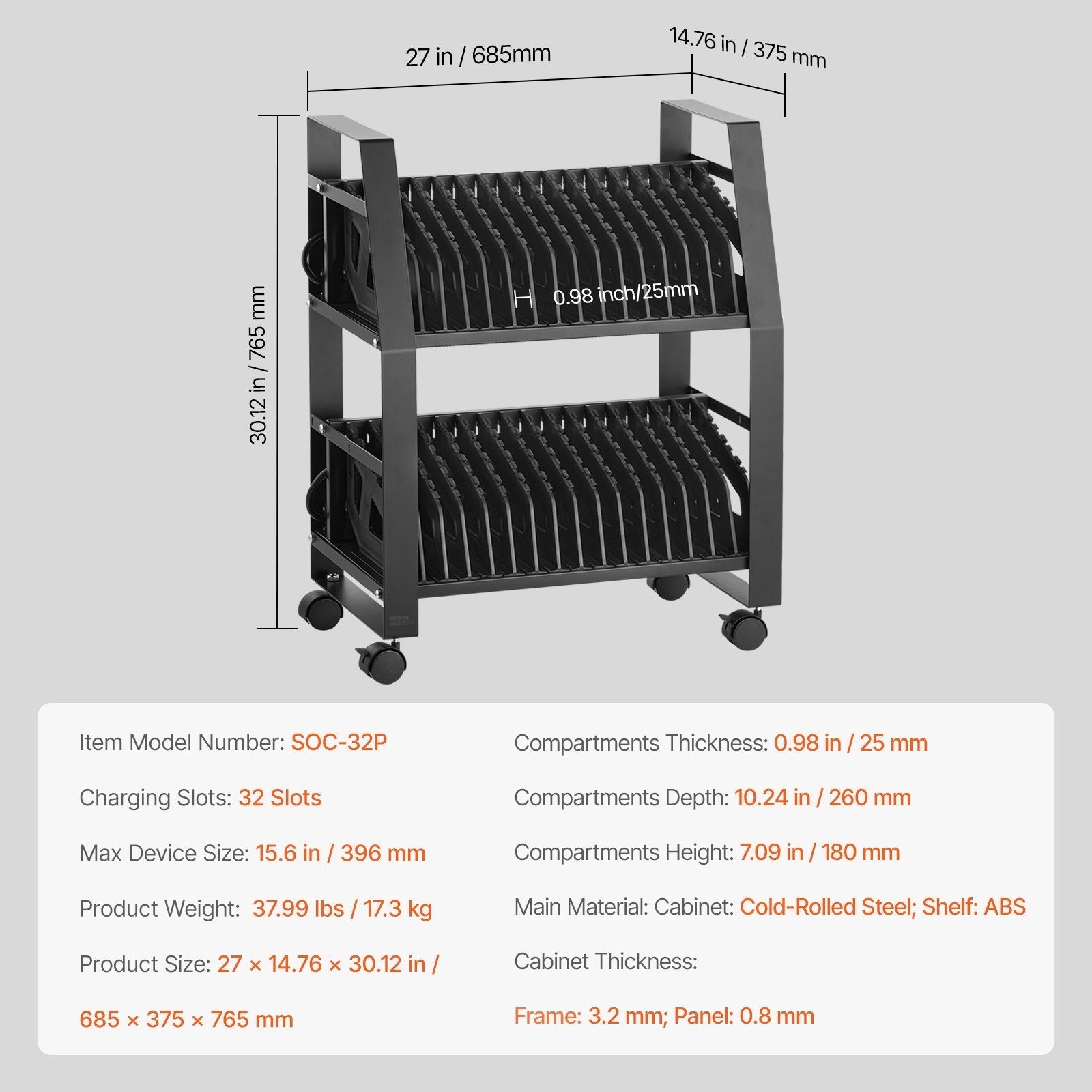 VEVOR Charging Cart Mobile Open Charging Cart 32 Devices for Laptop and Tablet