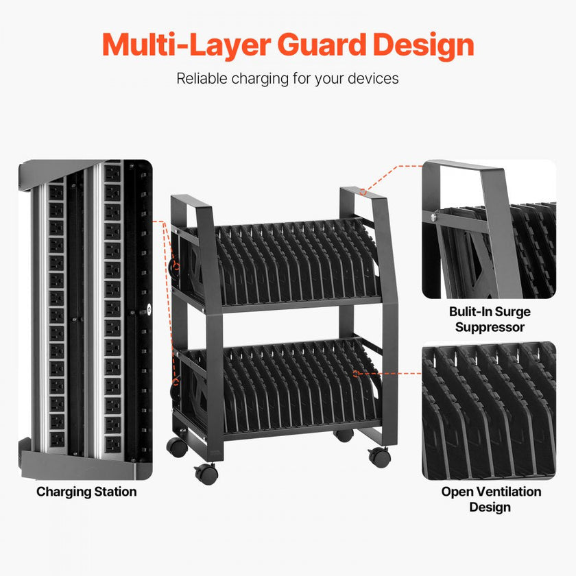 32 Device Mobile Laptop Charging Cart with Wheels Open Charging Station for Tablets and Laptops up to 15.6