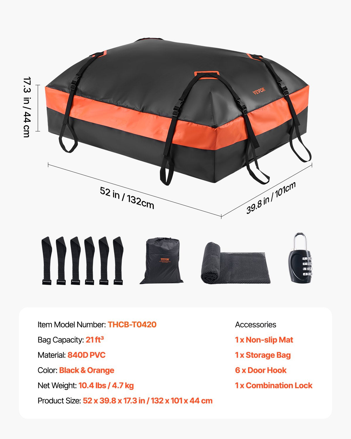 VEVOR Car Rooftop Cargo Carrier Bag 21 Cubic Feet Roof Cargo Carrier 840D PVC