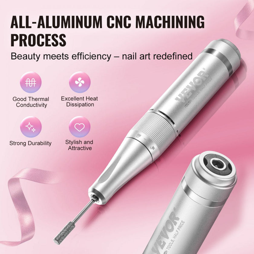 VEVOR Electric Rechargeable Nail Drill, 40,000RPM Portable Cordless Nail E File Machine, LCD-Display Acrylic Gel Grinder Tool with 6 Bits and 50PCS Sanding Bands for Manicure Pedicure Carve Polish