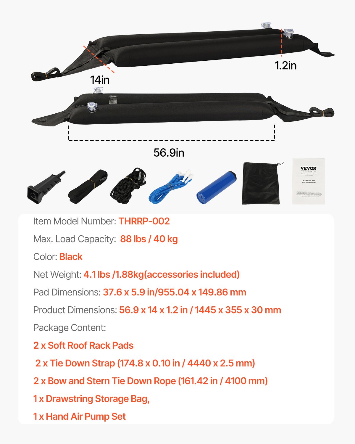 VEVOR Inflatable Roof Rack Pads 88lbs Load Capacity for Kayak Canoe Surfboard