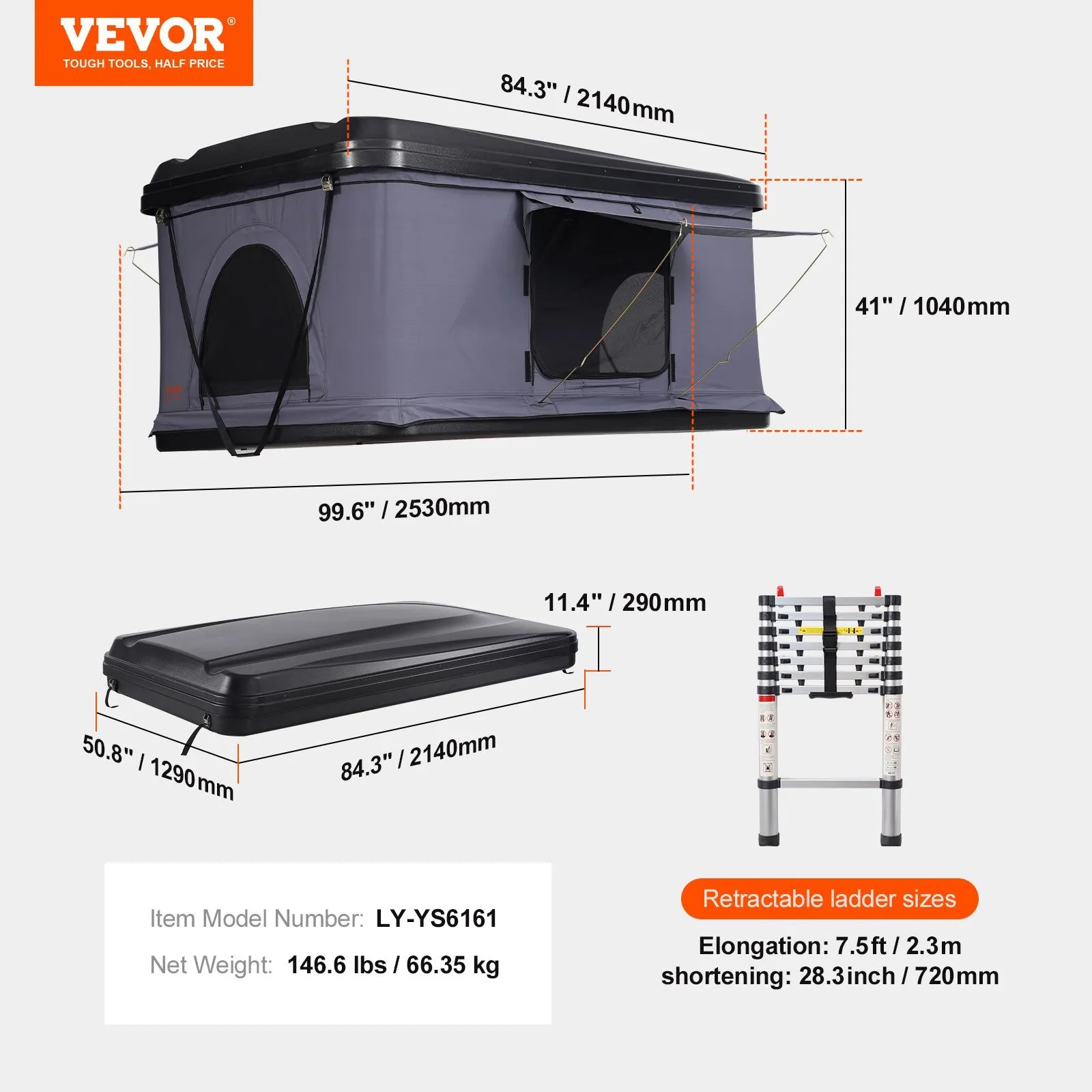 VEVOR Rooftop Tent Hard Shell 2-3 Person Waterproof for Jeep SUV Truck w/ Ladder