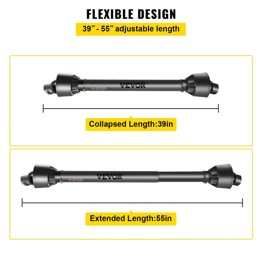 VEVOR PTO Shaft, 1-3/8” PTO Drive Shaft, 6 Spline End Round End PTO Driveline Shaft, Series 4 Tractor PTO Shaft, 39”-55” Brush Hog PTO Shaft, Black PTO Shaft for Bush Hog/Finish Mower/Rotary Cutter