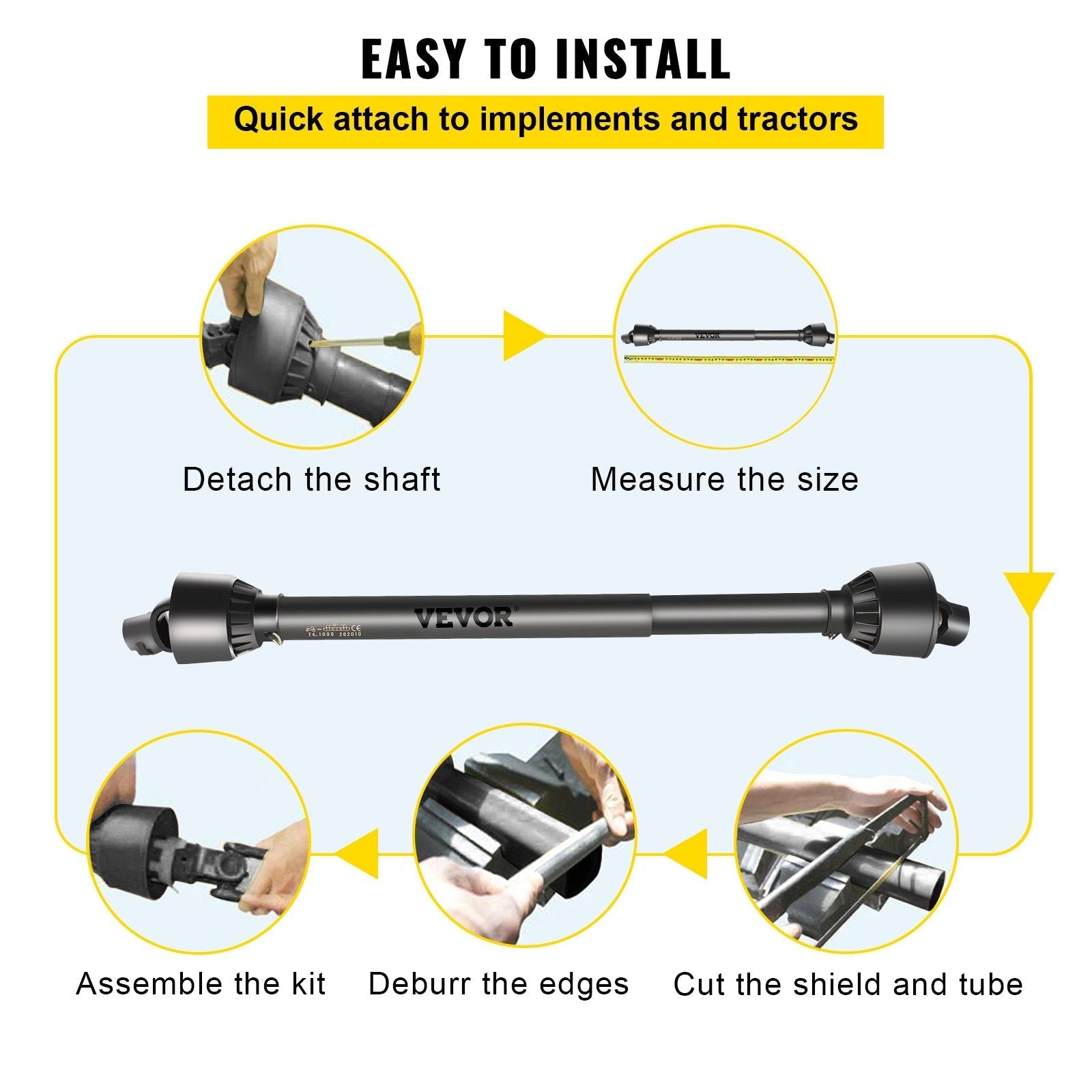 VEVOR PTO Shaft, 1-3/8” PTO Drive Shaft, 6 Spline End Round End PTO Driveline Shaft, Series 4 Tractor PTO Shaft, 39”-55” Brush Hog PTO Shaft, Black PTO Shaft for Bush Hog/Finish Mower/Rotary Cutter