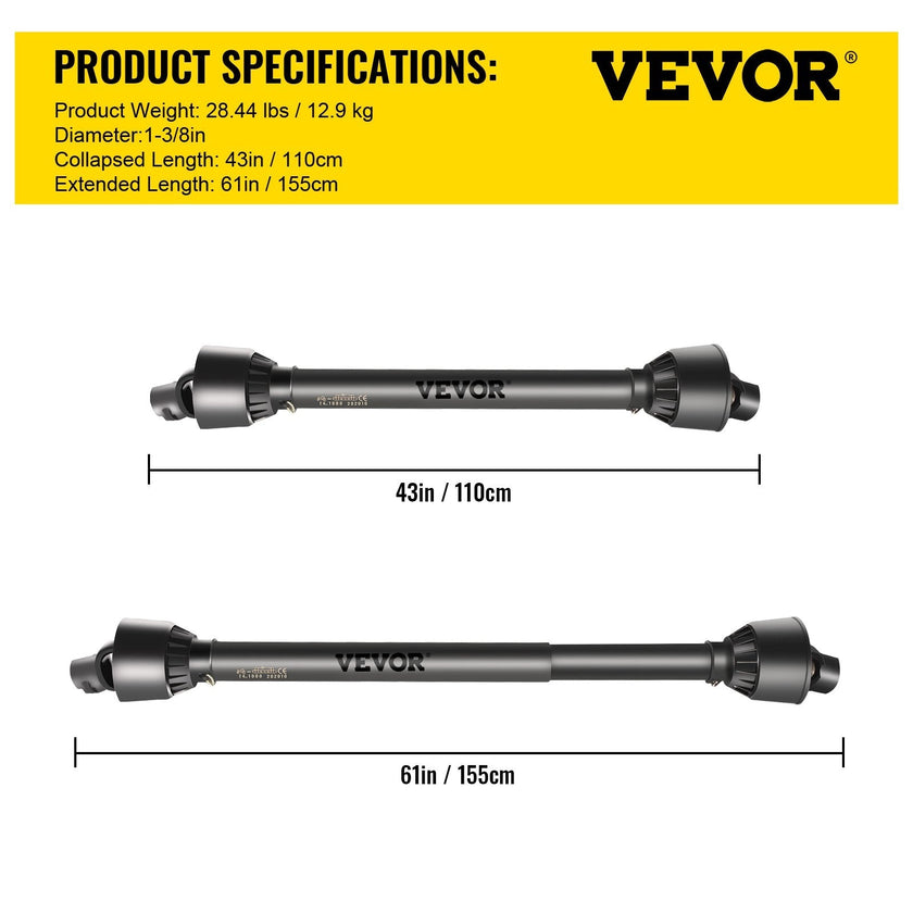 VEVOR PTO Shaft, 1-3/8” PTO Drive Shaft, 6 Spline Tractor?Round Implement Ends PTO Driveline Shaft, Series 4 Tractor PTO Shaft, 43-61” Brush Hog PTO Shaft Black, for Finish Mower, Rotary Cutter