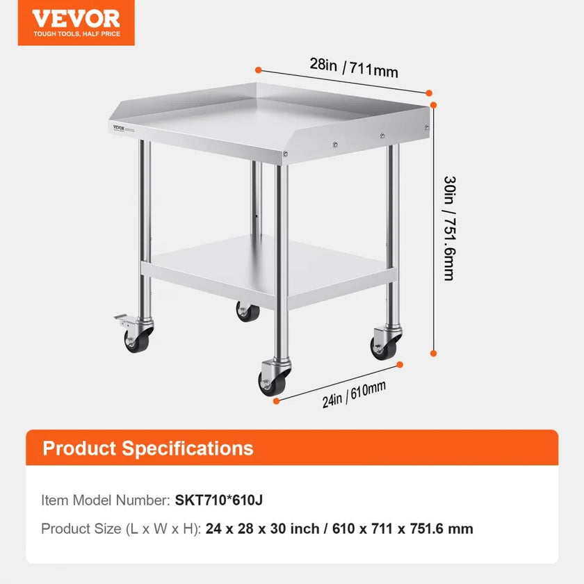 VEVOR Stainless Steel Work Table, 24 x 28 x 30 Inch Commercial Food Prep Worktable with 4 Wheels, Casters, 3-Sided Backsplash Heavy Duty Prep Worktable, Metal Work Table for Restaurant Home Hotel