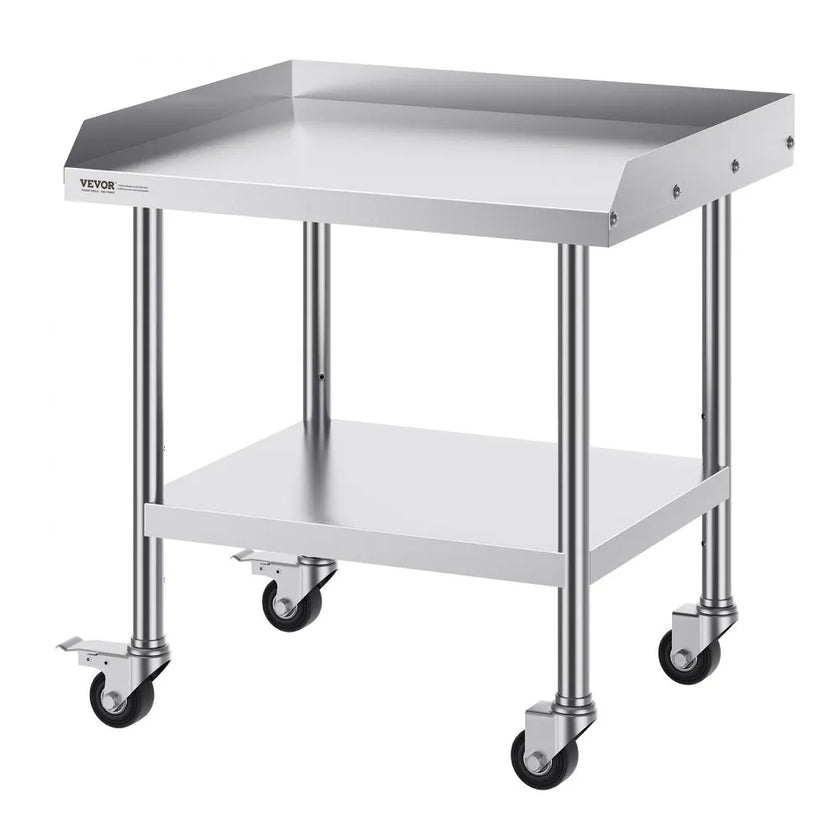 VEVOR Stainless Steel Work Table, 24 x 28 x 30 Inch Commercial Food Prep Worktable with 4 Wheels, Casters, 3-Sided Backsplash Heavy Duty Prep Worktable, Metal Work Table for Restaurant Home Hotel
