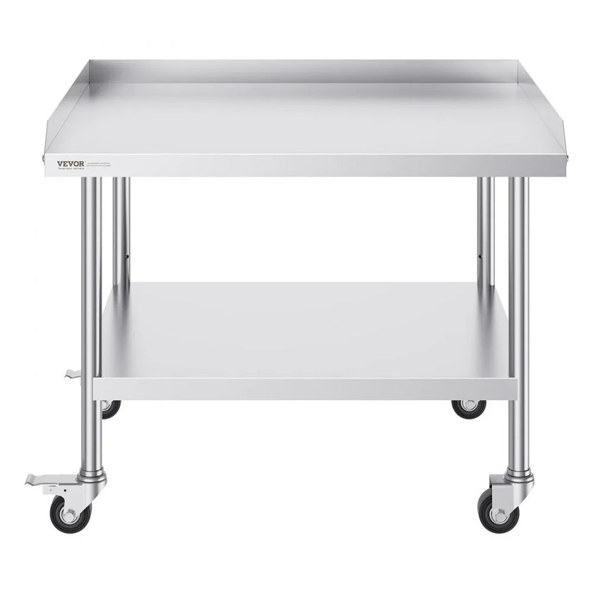 VEVOR Stainless Steel Work Table, 30 x 36 x 30 Inch Commercial Food Prep Worktable with 4 Wheels, Casters, 3-Sided Backsplash Heavy Duty Prep Worktable, Metal Work Table for Restaurant Home Hotel