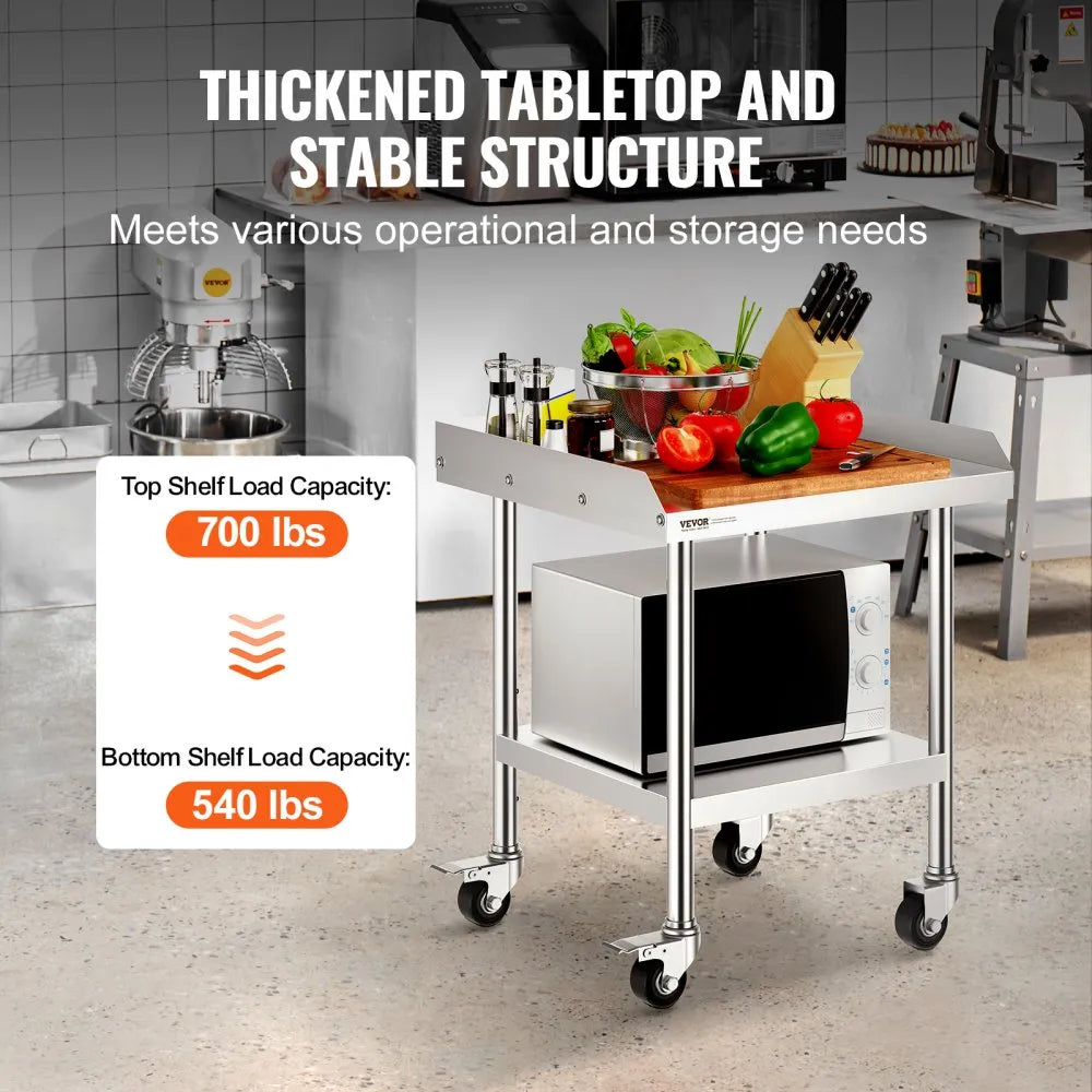 VEVOR Stainless Steel Work Table, 24 x 24 x 30 Inch Commercial Food Prep Worktable with 4 Wheels, Casters, 3-Sided Backsplash Heavy Duty Prep Worktable, Metal Work Table for Restaurant Home Hotel