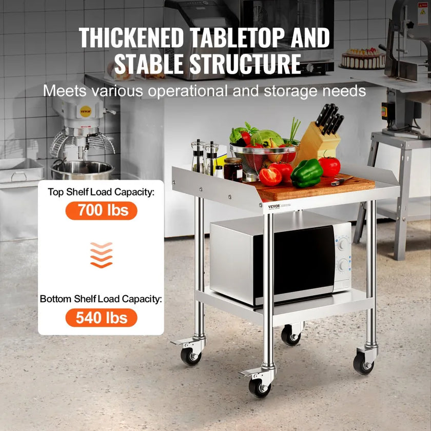 VEVOR Stainless Steel Work Table, 24 x 24 x 30 Inch Commercial Food Prep Worktable with 4 Wheels, Casters, 3-Sided Backsplash Heavy Duty Prep Worktable, Metal Work Table for Restaurant Home Hotel