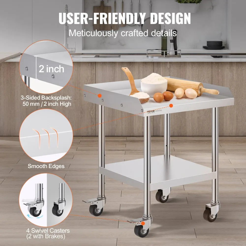 VEVOR Stainless Steel Work Table, 24 x 24 x 30 Inch Commercial Food Prep Worktable with 4 Wheels, Casters, 3-Sided Backsplash Heavy Duty Prep Worktable, Metal Work Table for Restaurant Home Hotel