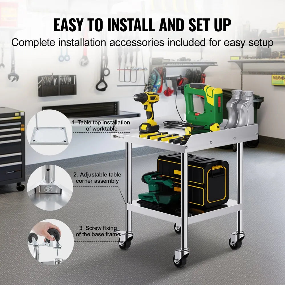 VEVOR Stainless Steel Work Table, 24 x 24 x 30 Inch Commercial Food Prep Worktable with 4 Wheels, Casters, 3-Sided Backsplash Heavy Duty Prep Worktable, Metal Work Table for Restaurant Home Hotel