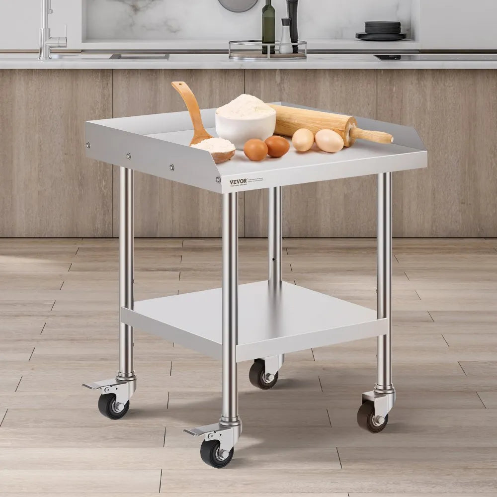 VEVOR Stainless Steel Work Table, 24 x 24 x 30 Inch Commercial Food Prep Worktable with 4 Wheels, Casters, 3-Sided Backsplash Heavy Duty Prep Worktable, Metal Work Table for Restaurant Home Hotel