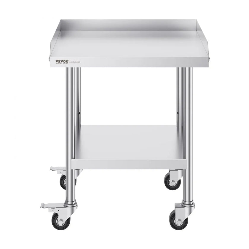 VEVOR Stainless Steel Work Table, 24 x 24 x 30 Inch Commercial Food Prep Worktable with 4 Wheels, Casters, 3-Sided Backsplash Heavy Duty Prep Worktable, Metal Work Table for Restaurant Home Hotel