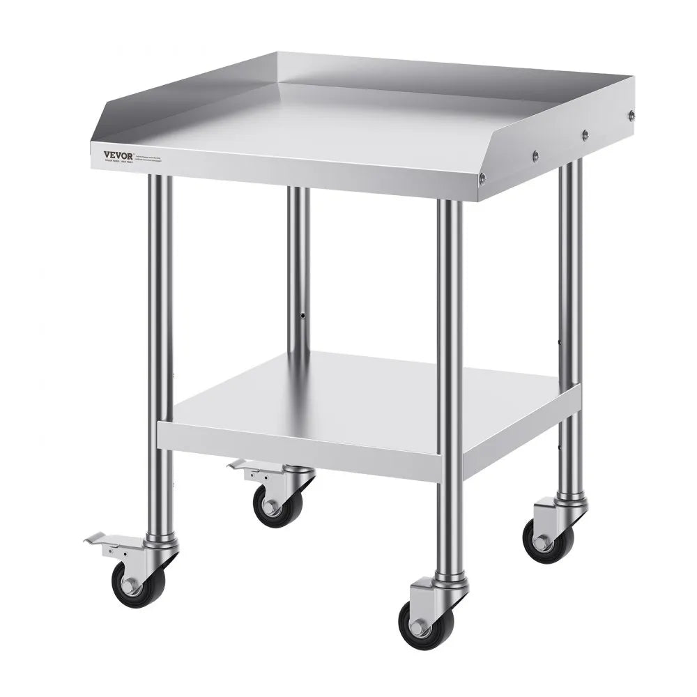VEVOR Stainless Steel Work Table, 24 x 24 x 30 Inch Commercial Food Prep Worktable with 4 Wheels, Casters, 3-Sided Backsplash Heavy Duty Prep Worktable, Metal Work Table for Restaurant Home Hotel